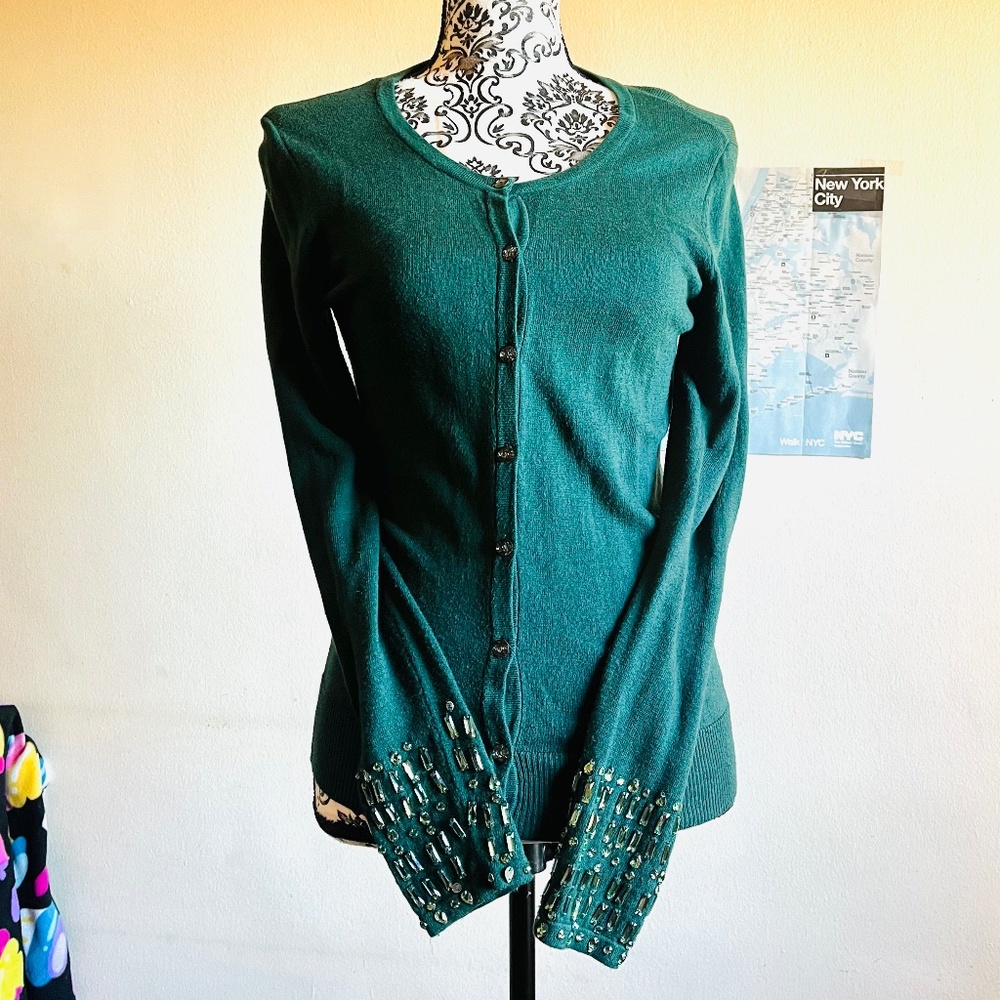 Dark green NY&Co cardigan w/ jeweled sleeves
